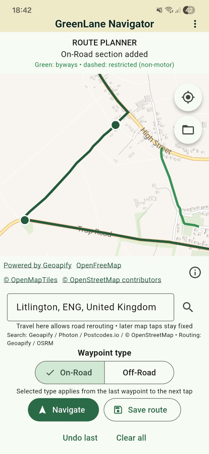 GreenLane Navigator route planner showing an on-road section, waypoint types, and Navigate and Save route controls.